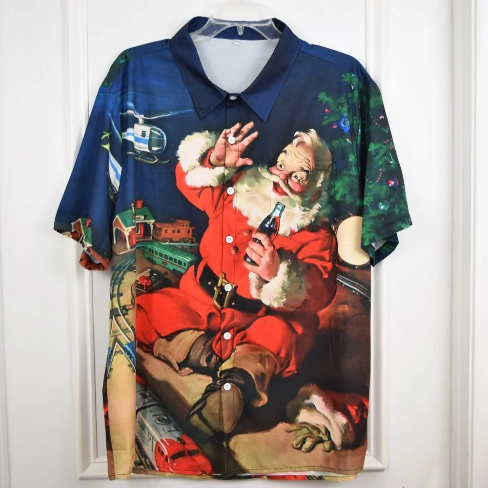 Santa Claus Train Christmas Shirt Men XXL Button Up Short Sleeve AOP 3D Holiday - Picture 1 of 10